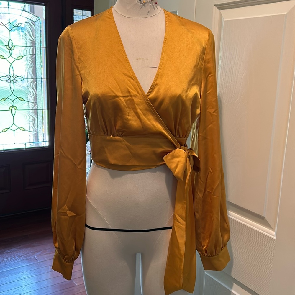 Gold satin cropped wrap shirt